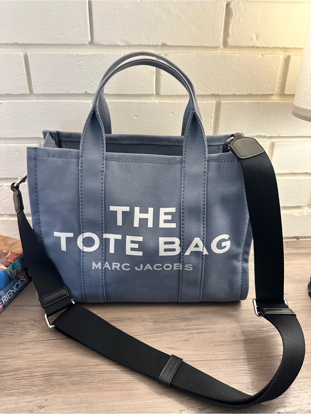 Marc Jacobs Slate Blue Canvas Tote with Black Strap and White Logo